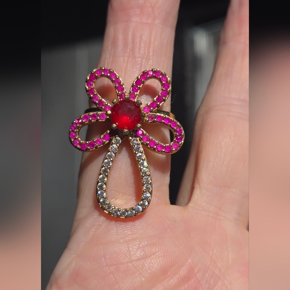 ruby & topaz sterling & Gold Flower Ring sz 8